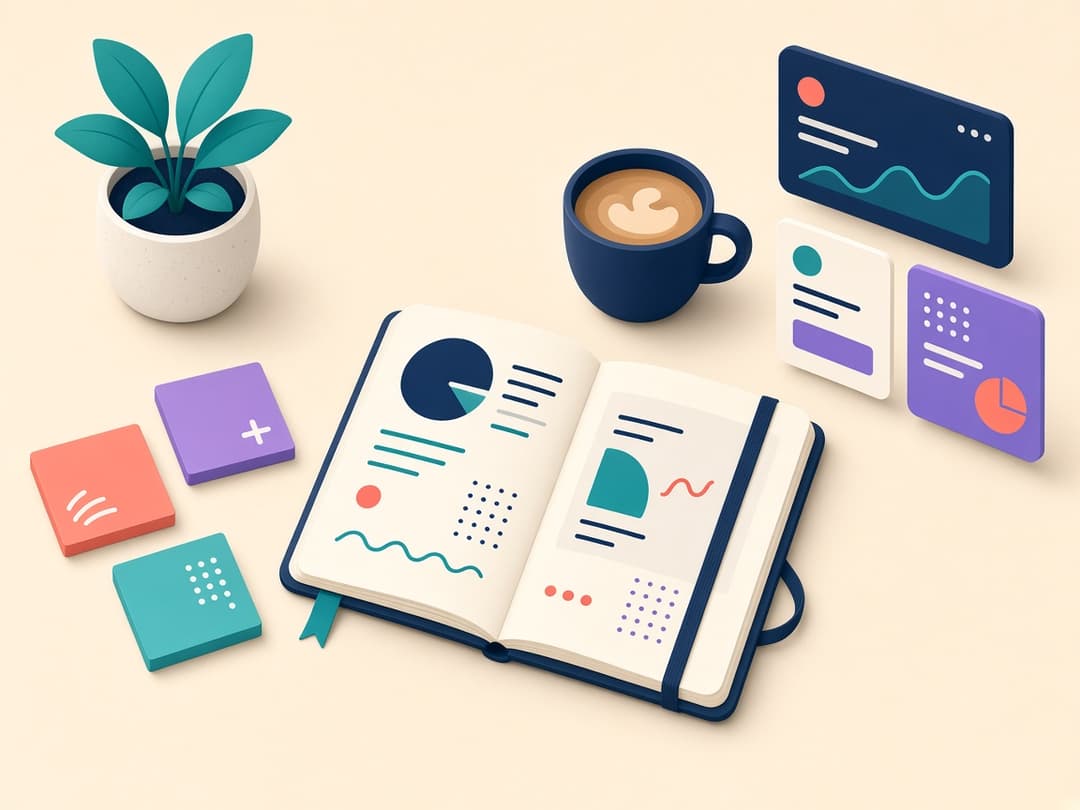 Illustrated desk with a notebook, notes, and a small plant