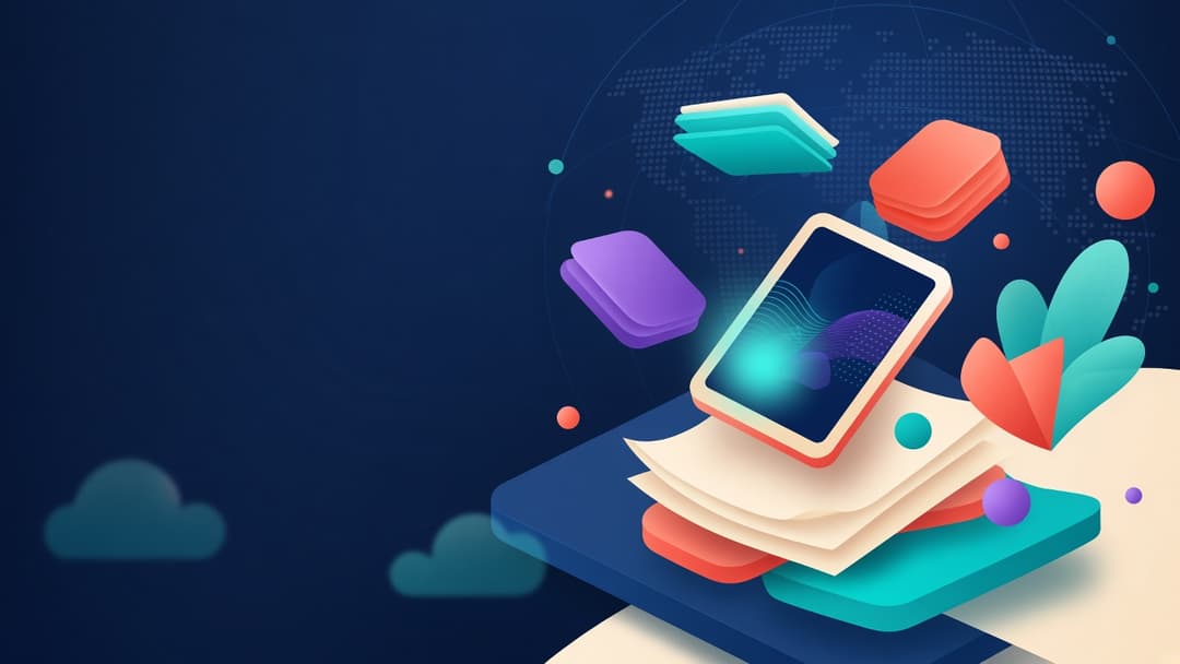 Abstract illustration of books, a tablet, and colorful digital shapes
