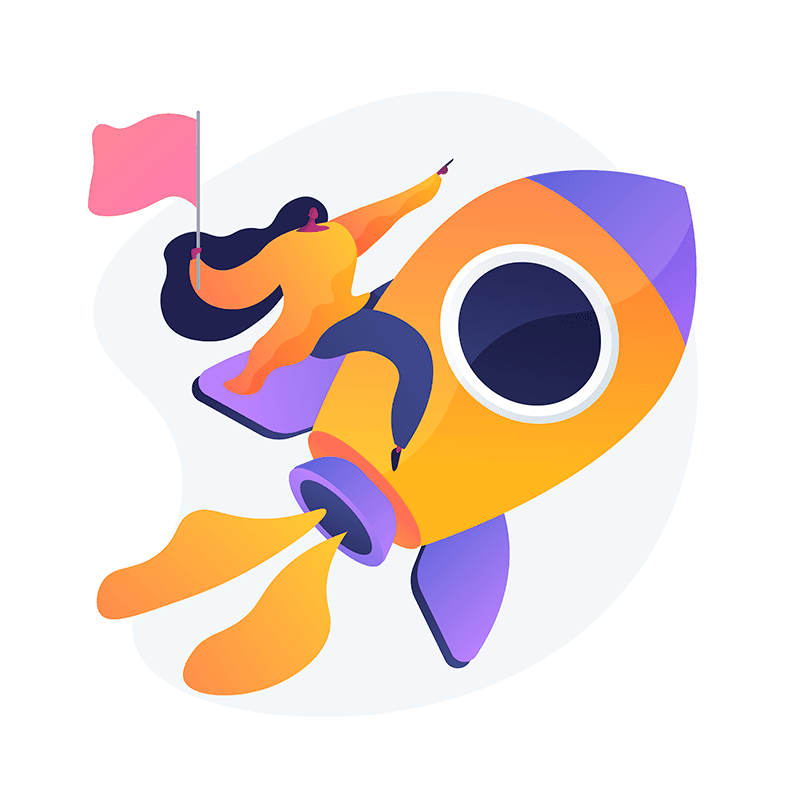 Illustration of a person launching a product on a rocket