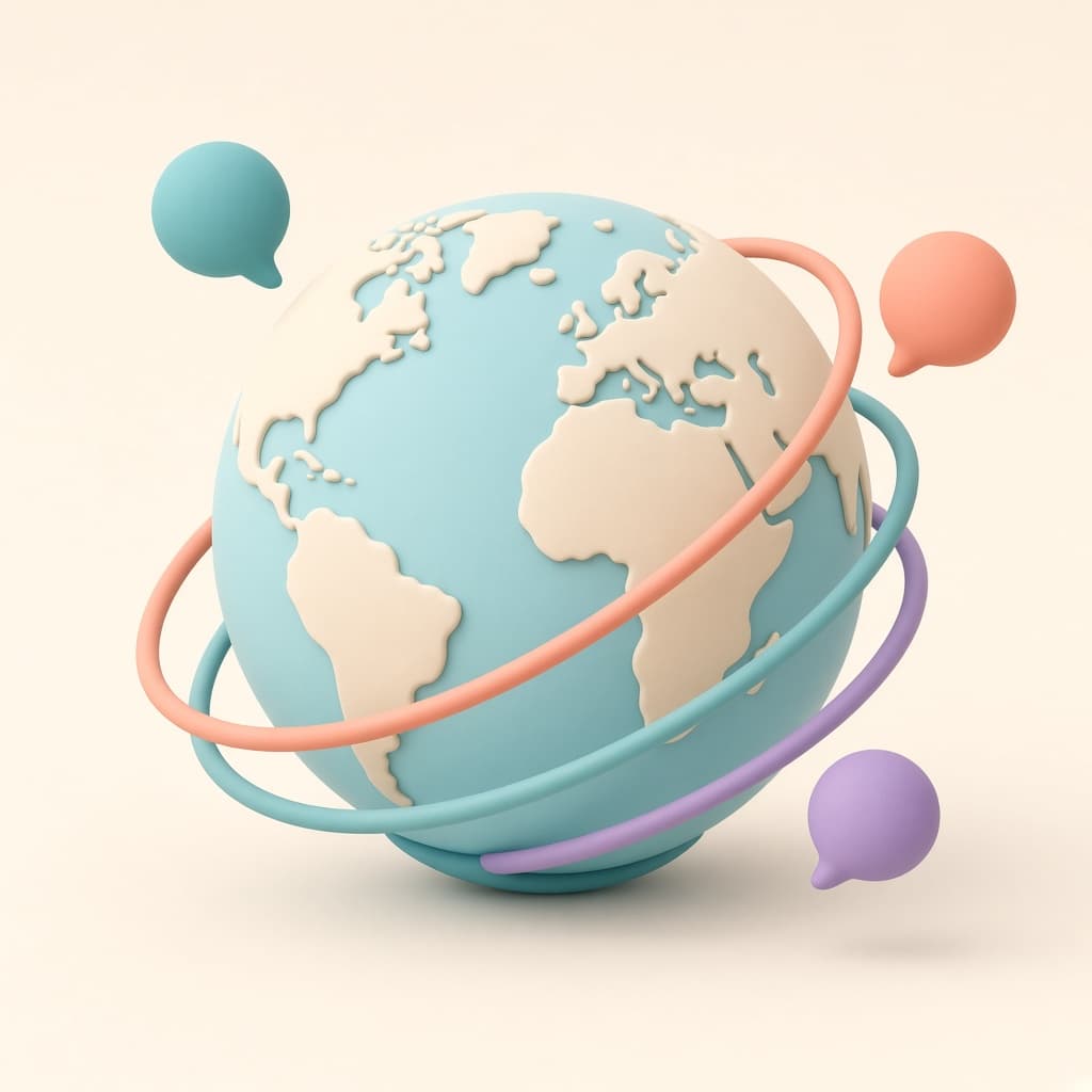 Stylized globe with colorful language orbs around it